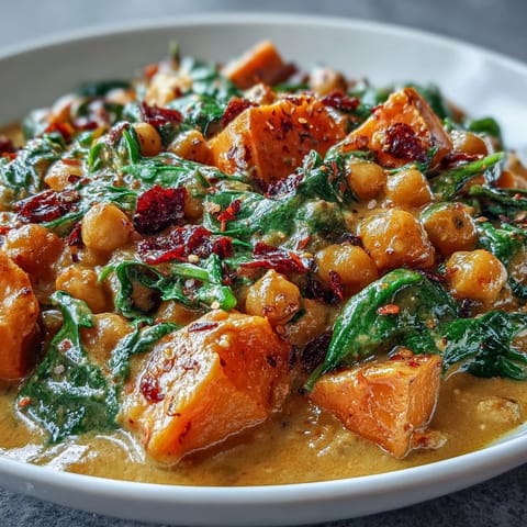 Deep orange Creamy Coconut Curry Chickpea Skillet with Spinach and Sweet Potato served over fluffy basmati rice, garnished with fresh cilantro.