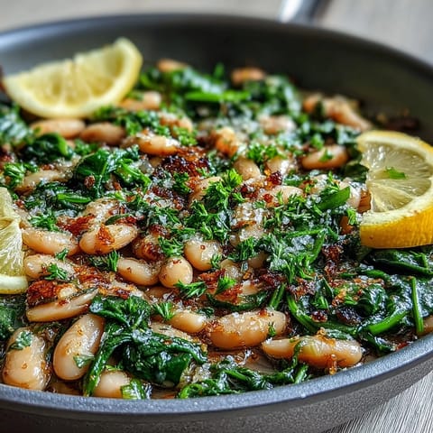Vegan Lemon Garlic White Bean Skillet with Spinach bubbling in a pan with golden garlic and lemon wedges.