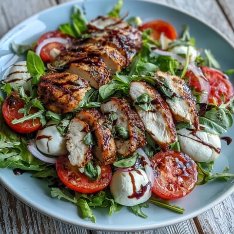 Juicy grilled chicken slices over fresh mozzarella, ripe tomatoes, and basil on greens, all drizzled with sweet-tangy balsamic glaze.