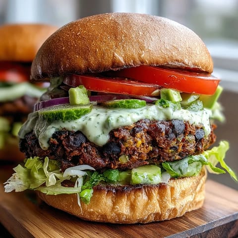 Vegan Sweet Potato Black Bean Burgers stacked high on a toasted bun, topped with creamy avocado lime sauce and fresh lettuce.