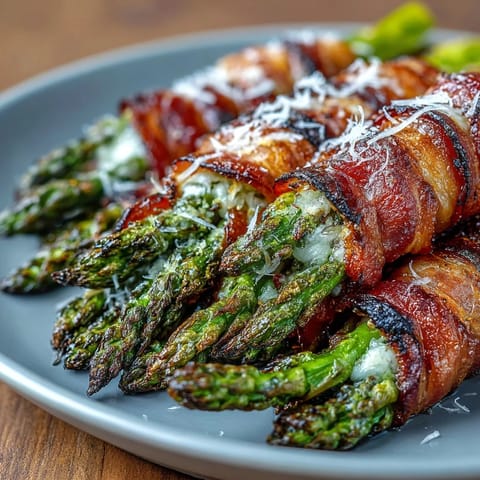 Crisp, smoky bacon snugly wraps tender asparagus spears, drizzled with olive oil and finished with Parmesan.