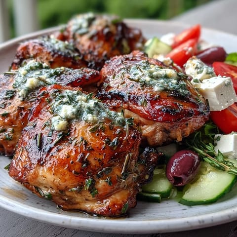 Golden-brown grilled Lemon Herb Chicken Thighs resting next to a crisp Greek salad with feta and Kalamata olives.