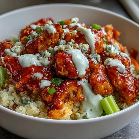Spicy keto buffalo chicken cauliflower rice bowls with tender chicken, crisp veggies, and tangy ranch drizzle for a low-carb meal.  