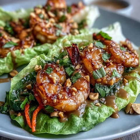Butter lettuce cups filled with stir-fried shrimp, crisp veggies, and rich peanut sauce for a light Asian-inspired dish.  