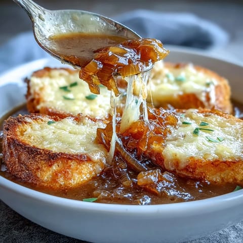 Deeply flavored beef broth and sweet caramelized onions topped with bubbly, cheesy sourdough Gruyere toasts.  