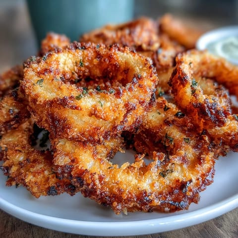 Crispy air fryer onion rings with golden coating and creamy garlic aioli dip, perfect for parties.  