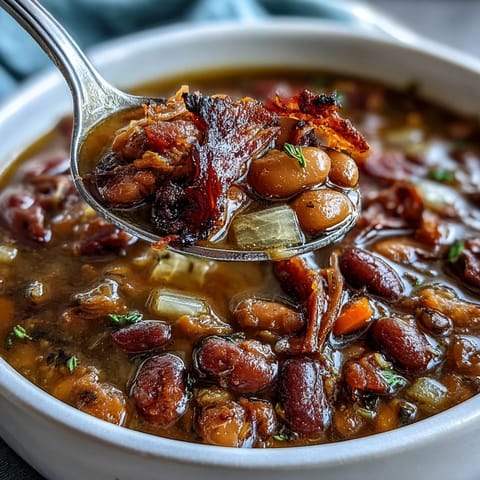 A steaming bowl of 15-bean soup with smoky ham bone, filled with tender beans, savory vegetables, and rich broth.