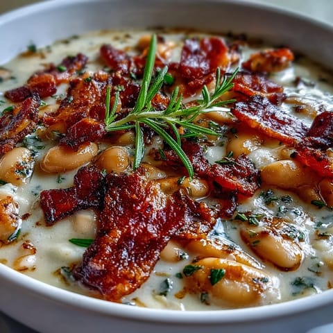 A comforting bowl of white bean soup topped with smoky bacon crumbles and fresh parsley.  