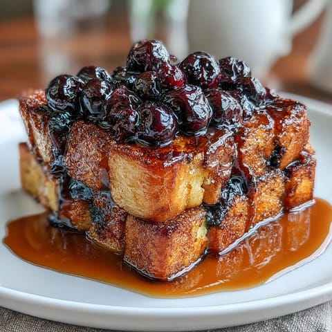 Fluffy sourdough cubes soaked in vanilla custard, topped with blueberries and a cinnamon sugar crust for brunch.  