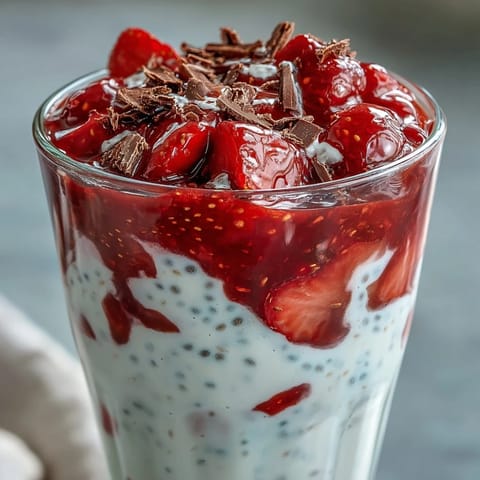 Layered strawberry yogurt chia pudding with dark chocolate shavings, perfect for breakfast or dessert.