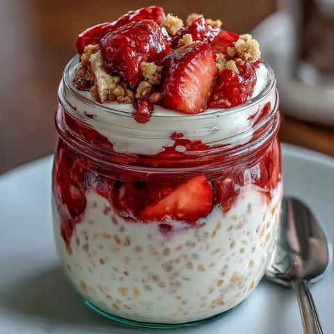 Mason jar breakfast featuring strawberry cheesecake overnight oats with a rich cream cheese layer and juicy, diced strawberries.  