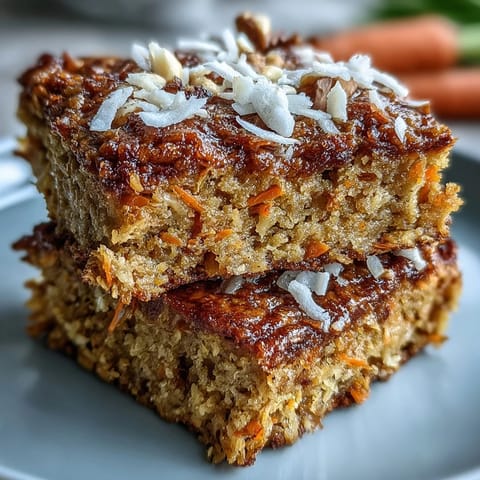 Golden baked oatmeal squares inspired by classic carrot cake, packed with oats, shredded carrots, and cinnamon—perfect for a healthy morning meal.  