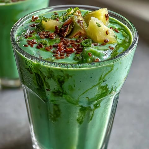 Tropical pineapple and spinach smoothie with creamy banana, perfect for a healthy breakfast or afternoon pick-me-up.