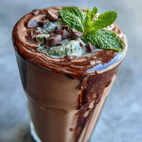 Creamy chocolate protein shake blended with frozen banana and fresh mint, topped with dark chocolate chips for a refreshing post-workout treat.
