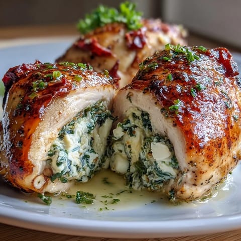 A savory dish of spinach and feta stuffed chicken breasts, baked until juicy and golden, served with fresh herbs.  