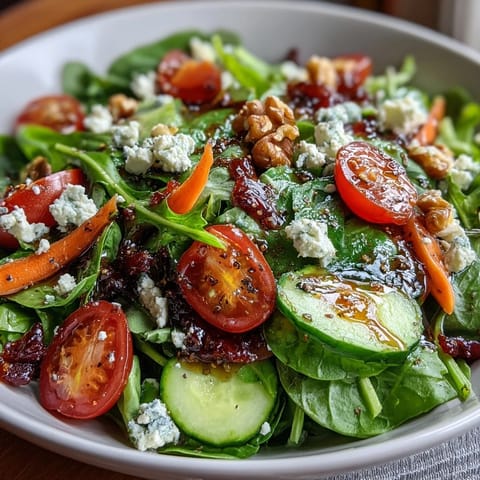 A vibrant spring greens salad with crisp cucumber, cherry tomatoes, and a tangy honey mustard dressing, topped with toasted walnuts and feta.