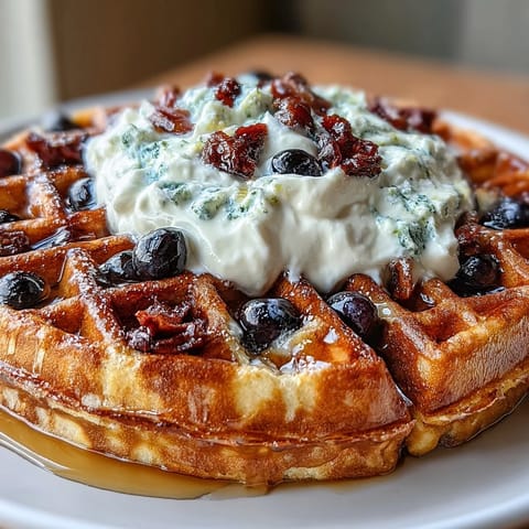 Golden sourdough waffles with juicy blueberries and bright lemon zest, served with creamy maple yogurt for a tangy-sweet brunch favorite.