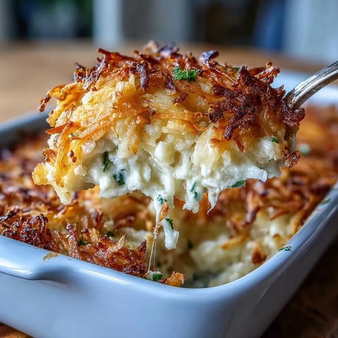 Creamy funeral potatoes casserole with cheesy sauce and crispy hashbrown topping, baked to golden perfection for a comforting side dish.