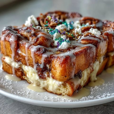 Cinnamon-swirl bread casserole baked until puffed, drizzled with vanilla icing, and topped with purple, green, and gold sugars.  