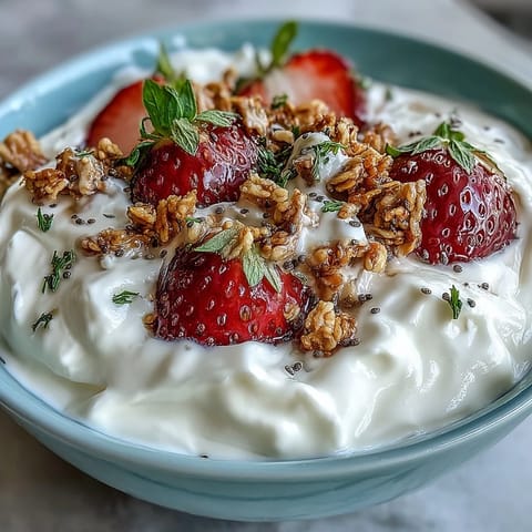 Creamy whipped Greek yogurt layered with juicy strawberries and crunchy granola, garnished with chia seeds and mint for a refreshing start.  
