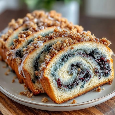 Tangy lemon and juicy blueberry sourdough bread with a crisp crumble topping, perfect for a sweet morning snack.  