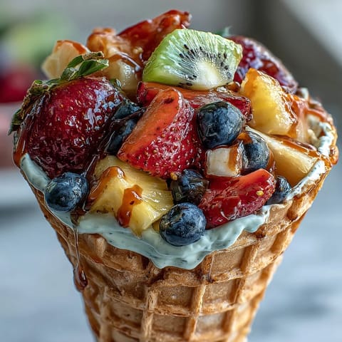 Fresh fruit cones filled with colorful strawberries, blueberries, pineapple, and kiwi served with creamy yogurt dip for summer parties.