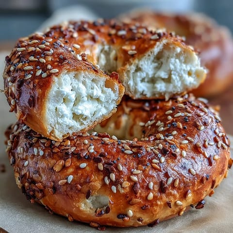 Fluffy protein bagels topped with savory everything seasoning, perfect for a nutritious breakfast or snack.  