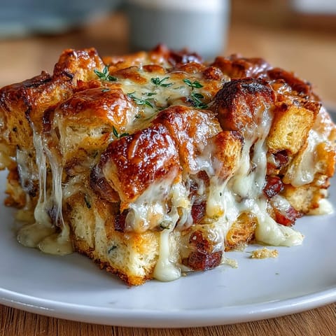 Savory ham and cheese croissant bake casserole with golden, buttery croissants and melty cheese, perfect for a comforting brunch.