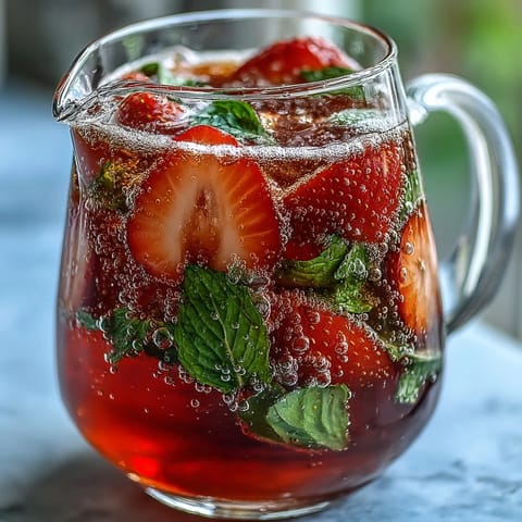 Refreshing strawberry mint mocktail pitcher with vibrant red berries, green mint leaves, and citrus slices, perfect for spring gatherings.