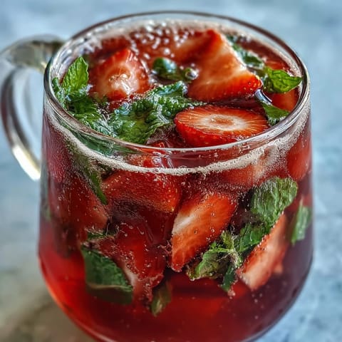 Chilled pitcher of non-alcoholic strawberry mint drink garnished with fresh berries, mint sprigs, and citrus wheels, ideal for entertaining.