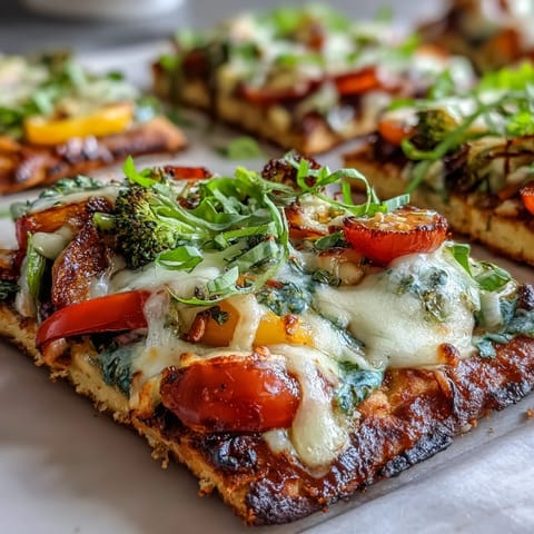 Vibrant St. Patrick's Day rainbow veggie flatbread pizza with colorful peppers, broccoli, and tomatoes baked on naan.