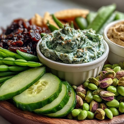 Festive platter showcasing green fruits, veggies, and savory snacks arranged with dips for a St. Patrick's Day party.  