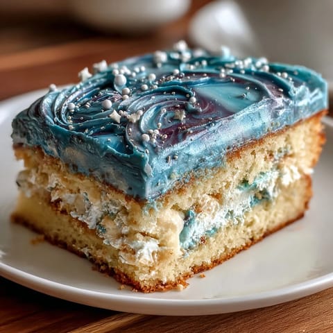Whimsical vanilla cake with dreamy galaxy buttercream in ocean blues and purples for a Pisces birthday celebration.