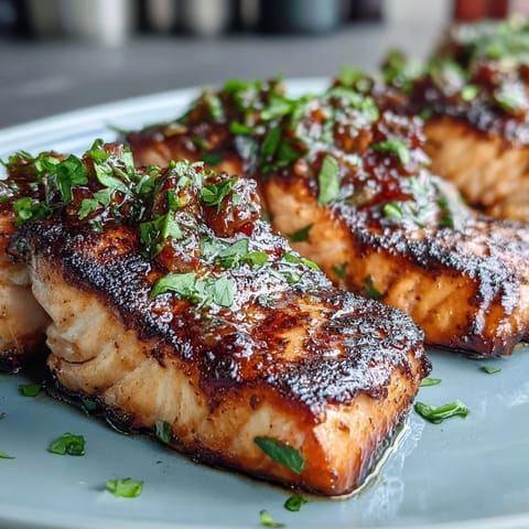 Grilled salmon fillets topped with a vibrant strawberry salsa, bursting with fresh flavors and zesty lime.