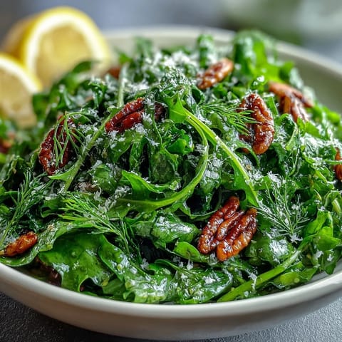Fresh arugula salad with tangy lemon vinaigrette and shaved Parmesan cheese, topped with toasted pine nuts for a bright, zesty side dish.