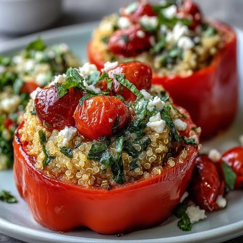 Vibrant bell peppers stuffed with quinoa, fresh herbs, and vegetables, baked until tender and golden for a healthy vegetarian dinner.