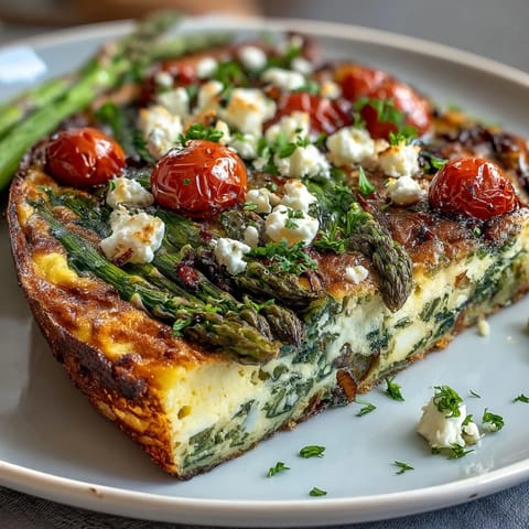 Spring Veggie Frittata with Asparagus and Goat Cheese on a rustic wooden table, garnished with fresh chives and herbs.