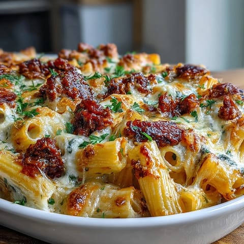 One-Pot Cheesy Pasta Bake with bubbling mozzarella and golden Parmesan topping.