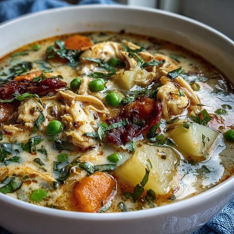 Slow Cooker Chicken Pot Pie Soup with tender chicken and hearty vegetables in a creamy broth, perfect for cozy weeknight dinners.  