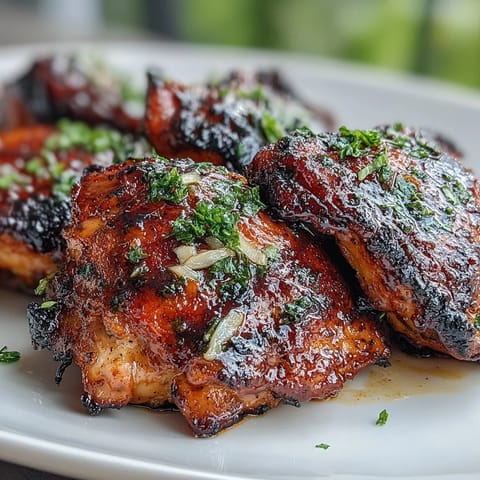 Sweet and savory honey garlic marinated chicken thighs sizzling on the grill, delivering bold flavor with every bite.  