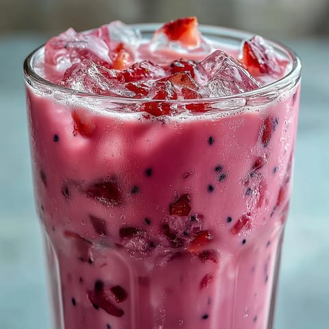 Vibrant pink dragon drink refresher with creamy coconut milk, fresh strawberries, and citrus served over ice.  