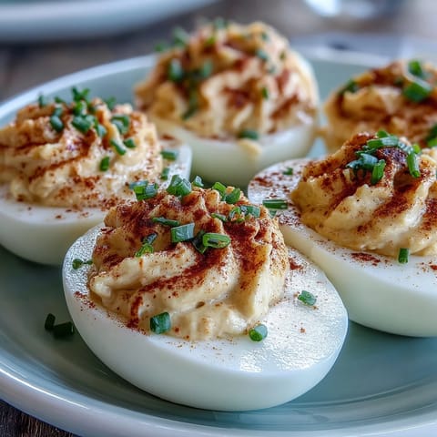 Elegant deviled eggs topped with smoked paprika and fresh chives, ideal for gatherings or holiday spreads.  