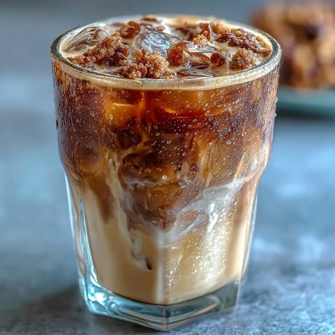 Iced brown sugar oat milk shaken espresso in a tall glass with ice cubes and creamy oat milk.
