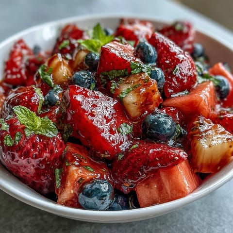 Fresh strawberry lemonade fruit salad with juicy berries, sweet grapes, and a zesty citrus dressing, perfect for summer picnics.