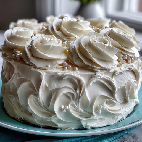 First Communion Cake with White Roses and Cross Topper on a white cake stand, elegant vanilla sponge layers with silky buttercream and delicate fondant roses, crowned with a decorative cross topper.