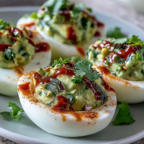 Creamy avocado deviled eggs with spicy Sriracha drizzle, perfect for parties or healthy snacking.