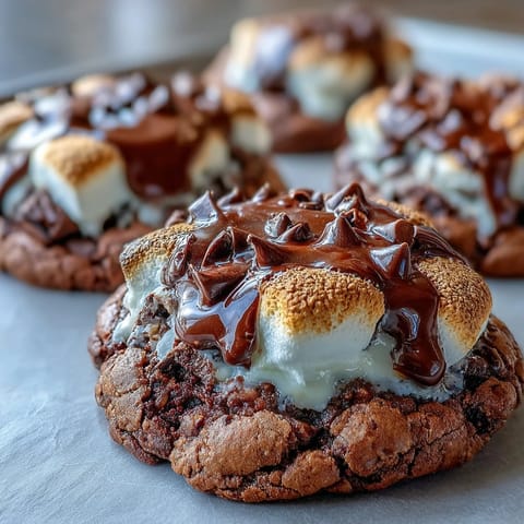 Chewy brownie cookies inspired by smores, topped with toasted marshmallow and crunchy graham cracker bits.  
