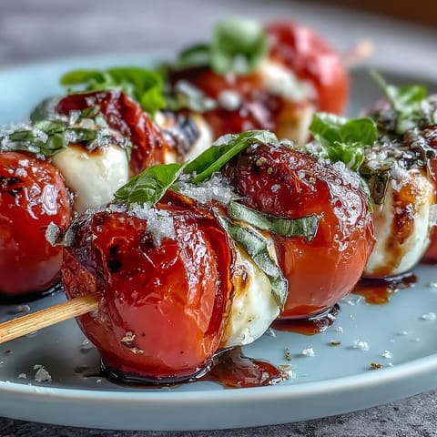 Vibrant mini Caprese salad skewers drizzled with sweet balsamic reduction, ready to serve.
