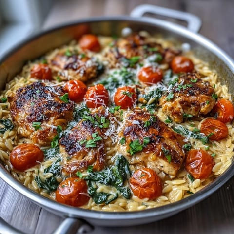 Creamy Chicken Orzo skillet, a golden-brown comfort dish with tender chicken and vibrant vegetables.