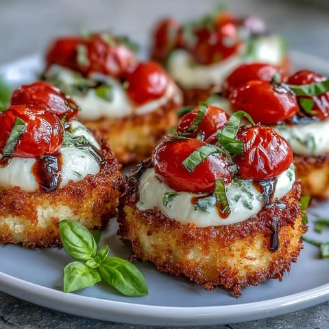 Crispy rice Caprese salad featuring vibrant tomatoes, creamy mozzarella, and basil.
